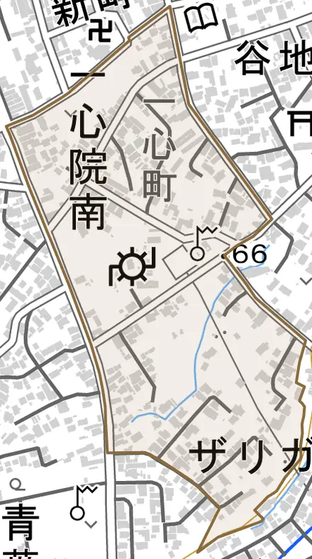 字一心院南とその周辺の地図。町の範囲を重ねている