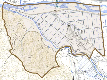 板沢とその周辺の地図。町の範囲を重ねている