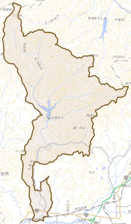 岩瀬とその周辺の地図。町の範囲を重ねている