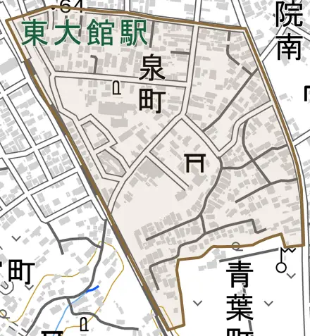 泉町とその周辺の地図。町の範囲を重ねている