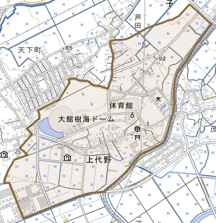 上代野とその周辺の地図。町の範囲を重ねている