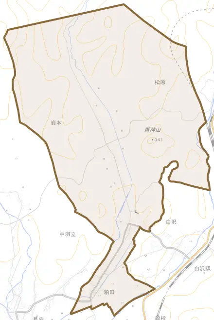 粕田とその周辺の地図。町の範囲を重ねている