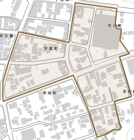 字桂城とその周辺の地図。町の範囲を重ねている