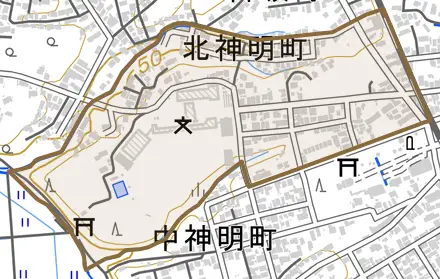 北神明町とその周辺の地図。町の範囲を重ねている
