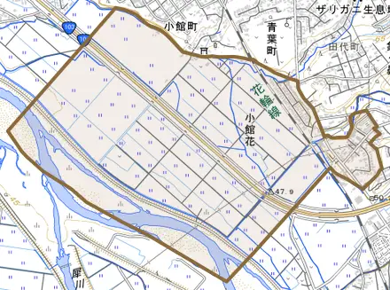 小館花とその周辺の地図。町の範囲を重ねている