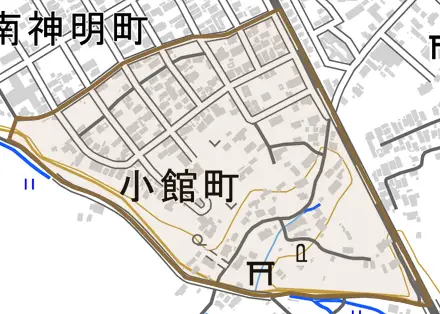 小館町とその周辺の地図。町の範囲を重ねている