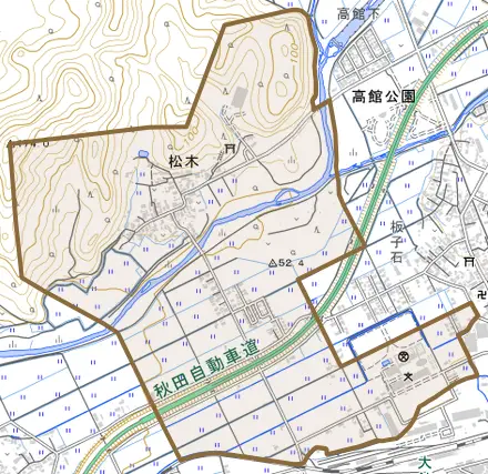 松木とその周辺の地図。町の範囲を重ねている