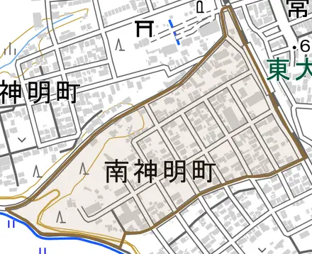 南神明町とその周辺の地図。町の範囲を重ねている