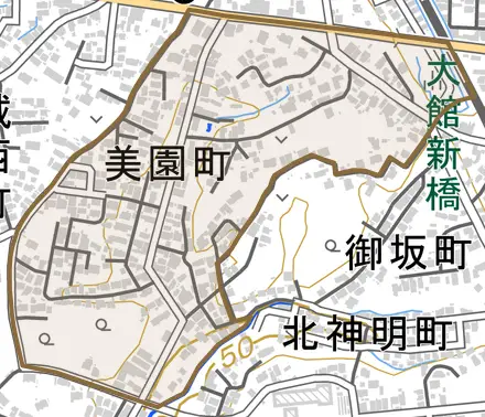 美園町とその周辺の地図。町の範囲を重ねている