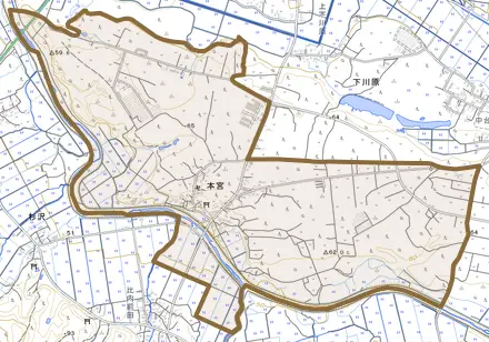 本宮とその周辺の地図。町の範囲を重ねている