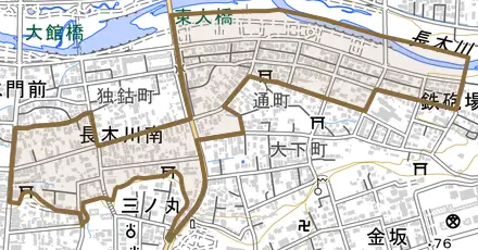 字長木川南とその周辺の地図。町の範囲を重ねている