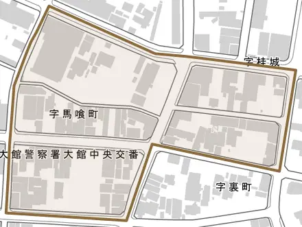 字長倉とその周辺の地図。町の範囲を重ねている