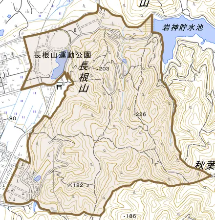 字長根山下とその周辺の地図。町の範囲を重ねている