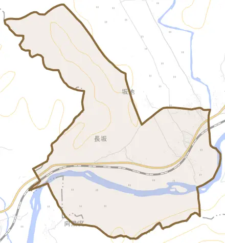 長坂とその周辺の地図。町の範囲を重ねている