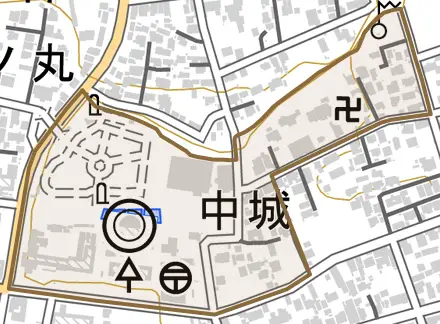 字中城とその周辺の地図。町の範囲を重ねている