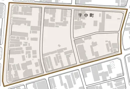 字中町とその周辺の地図。町の範囲を重ねている
