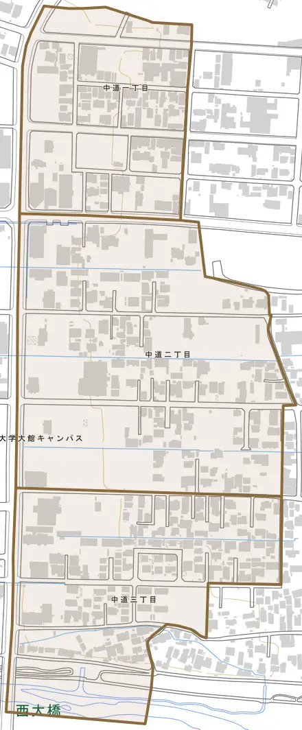中道とその周辺の地図。町の範囲を重ねている