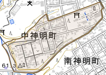 中神明町とその周辺の地図。町の範囲を重ねている