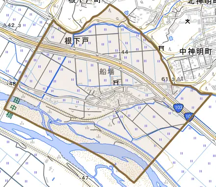 根下戸とその周辺の地図。町の範囲を重ねている