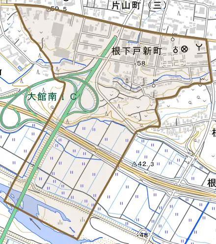 根下戸新町とその周辺の地図。町の範囲を重ねている