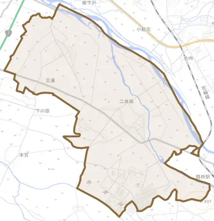 二井田とその周辺の地図。町の範囲を重ねている