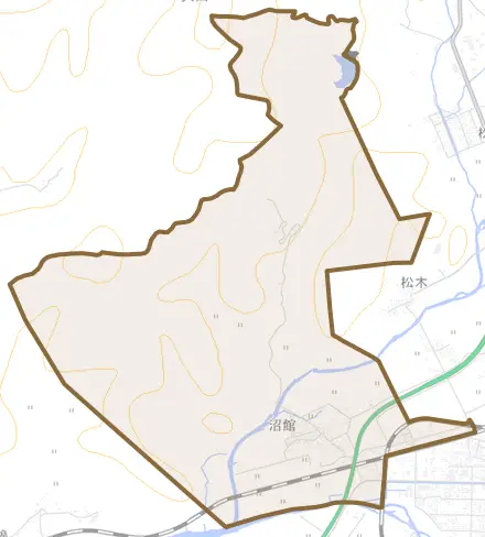 沼館とその周辺の地図。町の範囲を重ねている