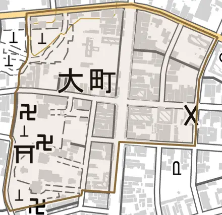 字大町とその周辺の地図。町の範囲を重ねている