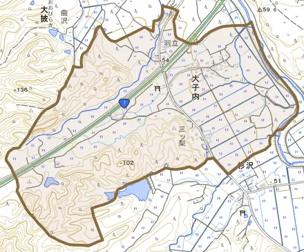 大子内とその周辺の地図。町の範囲を重ねている