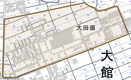 字大田面とその周辺の地図。町の範囲を重ねている