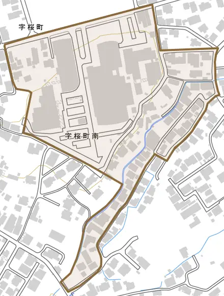 字桜町とその周辺の地図。町の範囲を重ねている