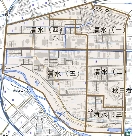 清水とその周辺の地図。町の範囲を重ねている