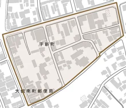 字新町とその周辺の地図。町の範囲を重ねている