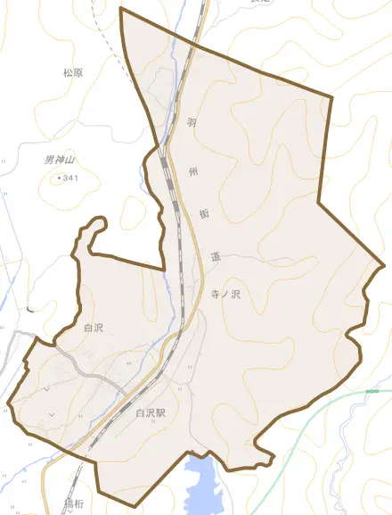 白沢とその周辺の地図。町の範囲を重ねている