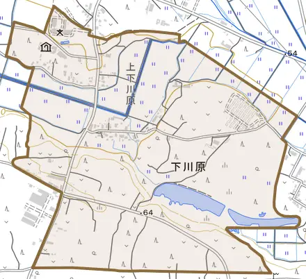 下川原とその周辺の地図。町の範囲を重ねている