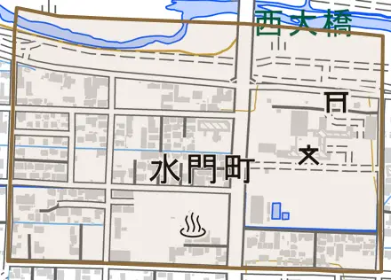 水門町とその周辺の地図。町の範囲を重ねている