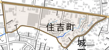 住吉町とその周辺の地図。町の範囲を重ねている