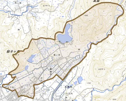 芦田子とその周辺の地図。町の範囲を重ねている