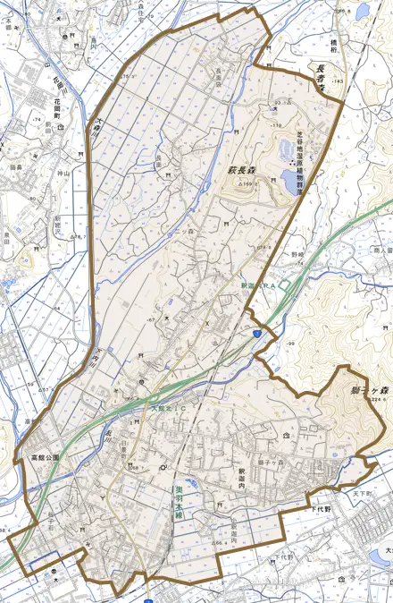 釈迦内とその周辺の地図。町の範囲を重ねている