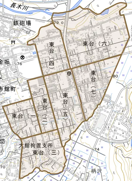 東台とその周辺の地図。町の範囲を重ねている