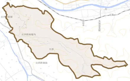 比内町味噌内とその周辺の地図。町の範囲を重ねている