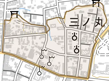 字三の丸とその周辺の地図。町の範囲を重ねている