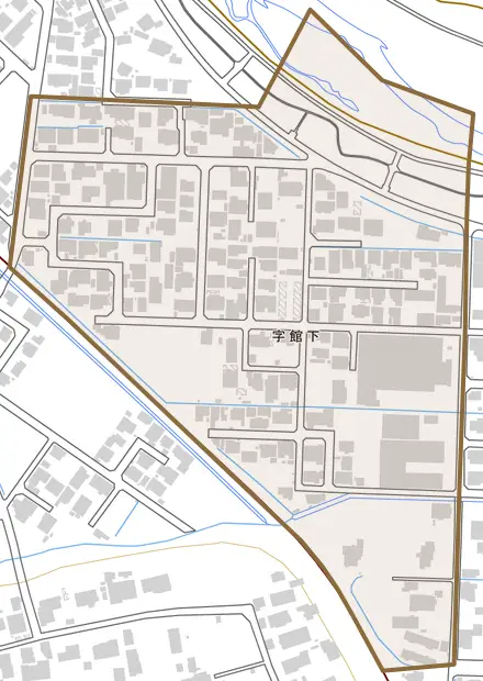 字館下とその周辺の地図。町の範囲を重ねている