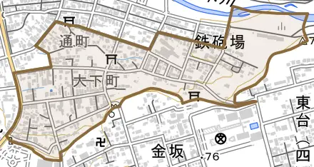 字鉄砲場とその周辺の地図。町の範囲を重ねている