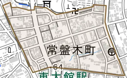 常盤木町とその周辺の地図。町の範囲を重ねている