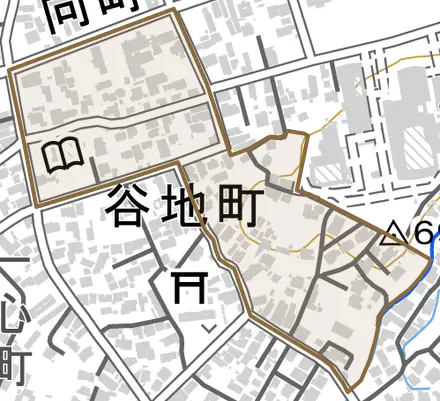 字谷地町とその周辺の地図。町の範囲を重ねている