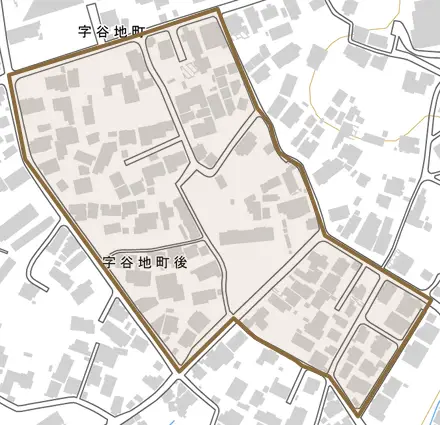字谷地町後とその周辺の地図。町の範囲を重ねている