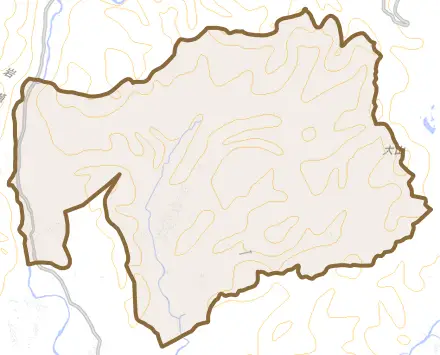 山田とその周辺の地図。町の範囲を重ねている