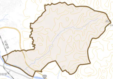 山館とその周辺の地図。町の範囲を重ねている