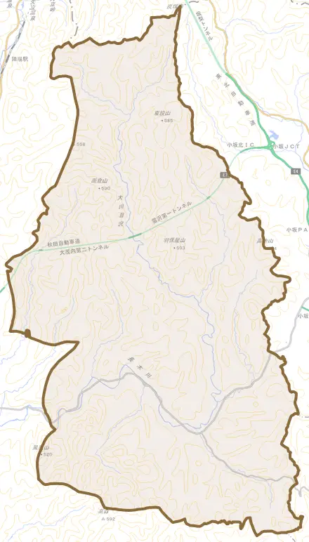 雪沢とその周辺の地図。町の範囲を重ねている