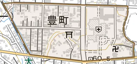 豊町とその周辺の地図。町の範囲を重ねている